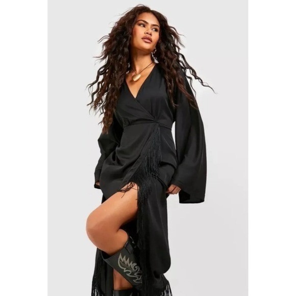 Boohoo Dresses & Skirts - Boohoo Black Satin Long Sleeve Fringe Wrap Maxi Dress UK 14 US 10